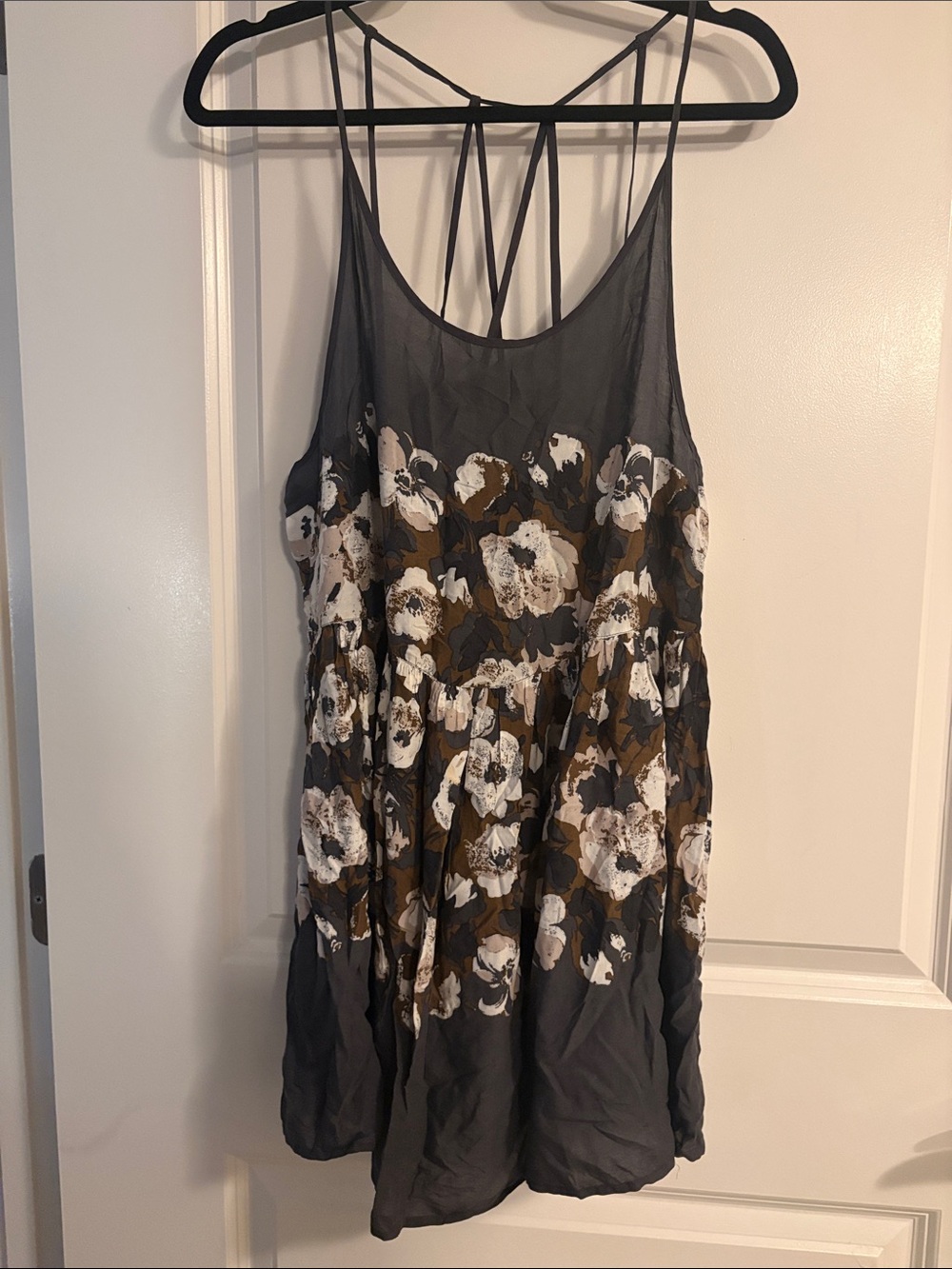 Strappy Floral Mini Dress in Charcoal and Brown